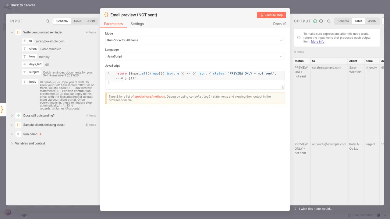 n8n screenshot: output of the client document chaser demo