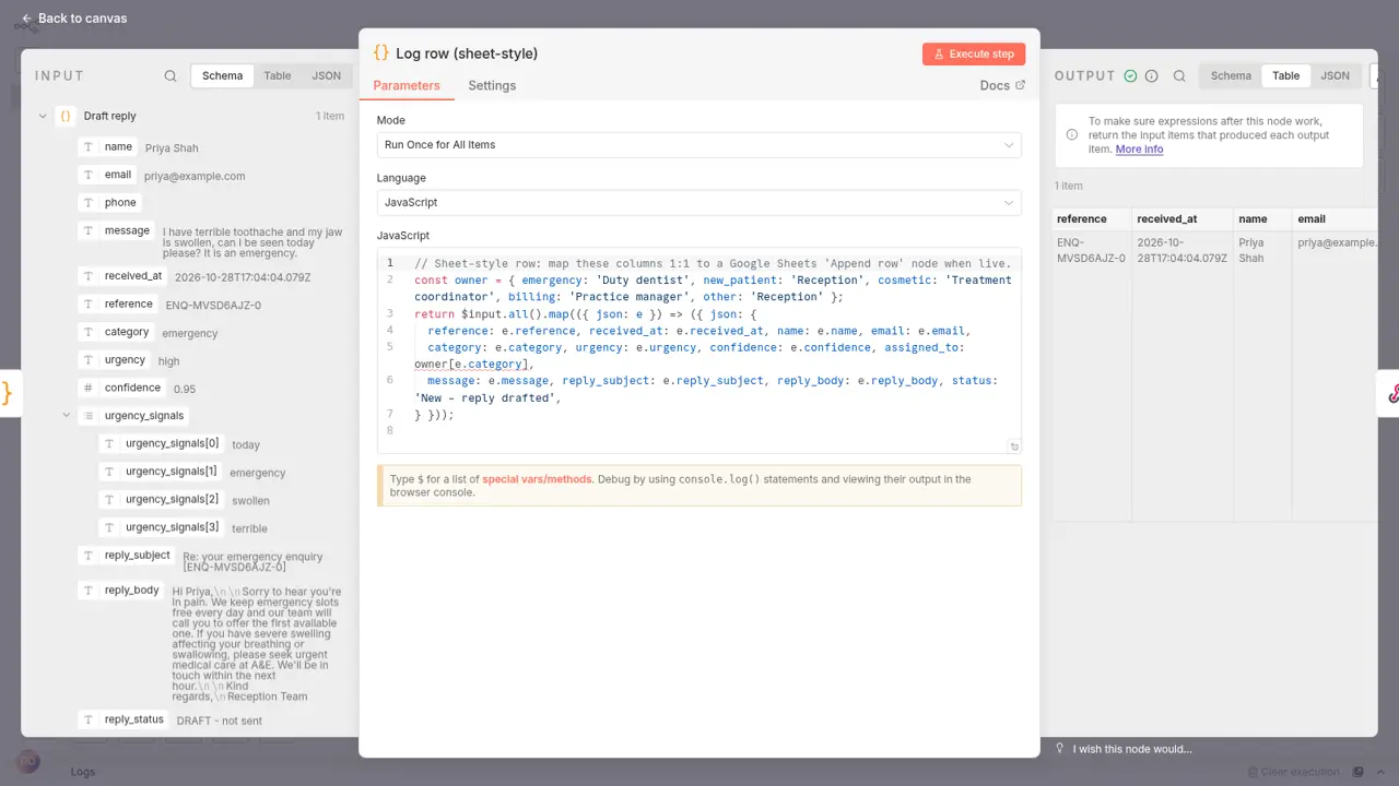 n8n screenshot: output of the enquiry triage demo