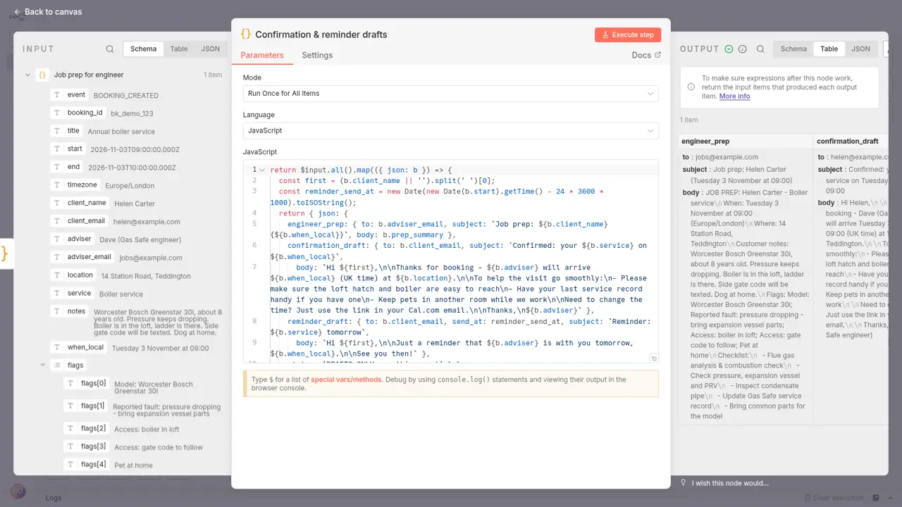 n8n screenshot: output of the booking follow-up demo